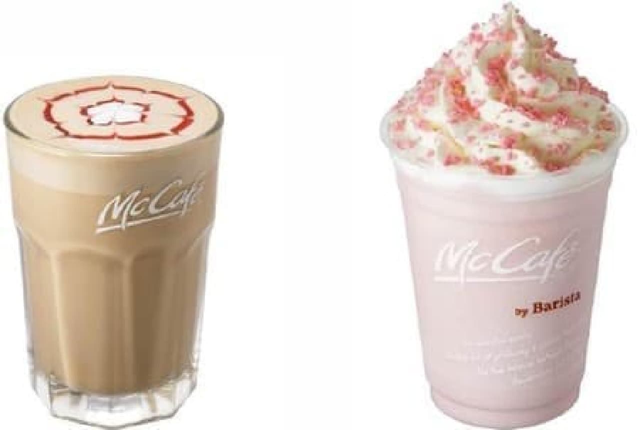 Spring menu where you can feel the cherry blossoms in full bloom! Cherry mocha (left) and cherry frappe (right)