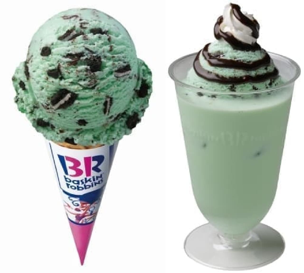 オレオチョコミント（左）、  アイスクリームドリンク ミントチョコオーレ（右）