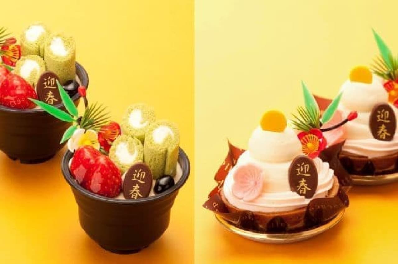 「お正月門松ケーキ」（左）、「お正月鏡餅ケーキ」（右）