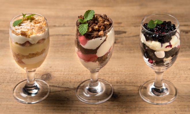 3 types of parfait (from left: custard cream, chocolate mousse, cheese mousse)