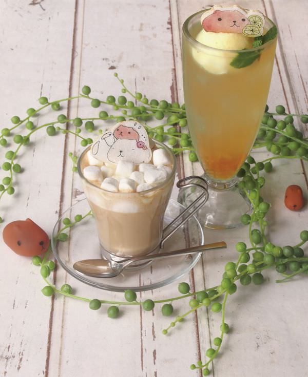 "White's enchanted marshmallow latte" and "Kapibara's yuzu scented apple curler"