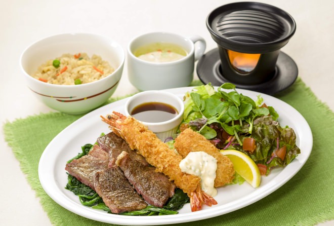 Beef cut steak & fried shrimp with head and cream croquette bamboo shoot rice set