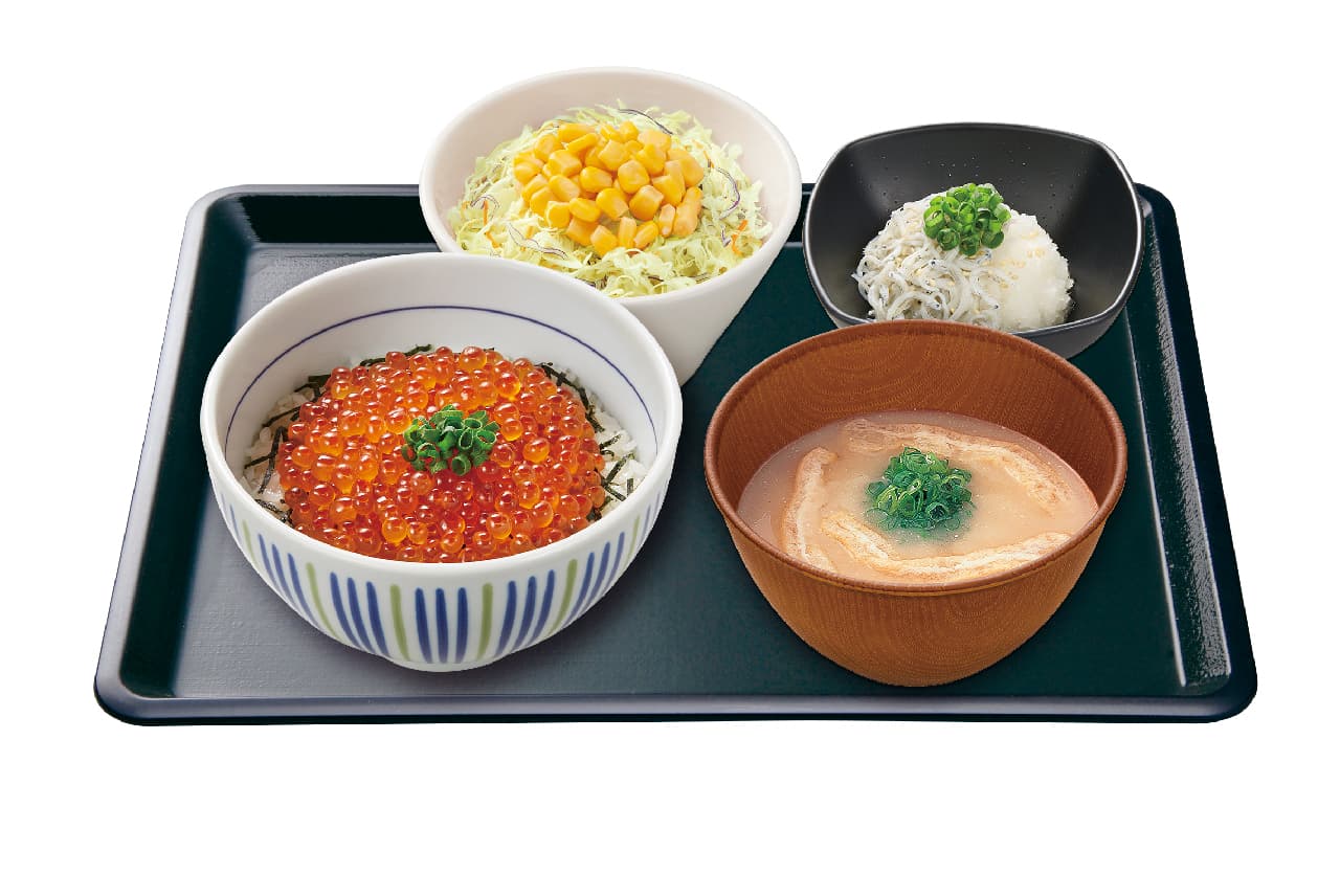 Salmon roe bowl + grated shirasu + salad + miso soup