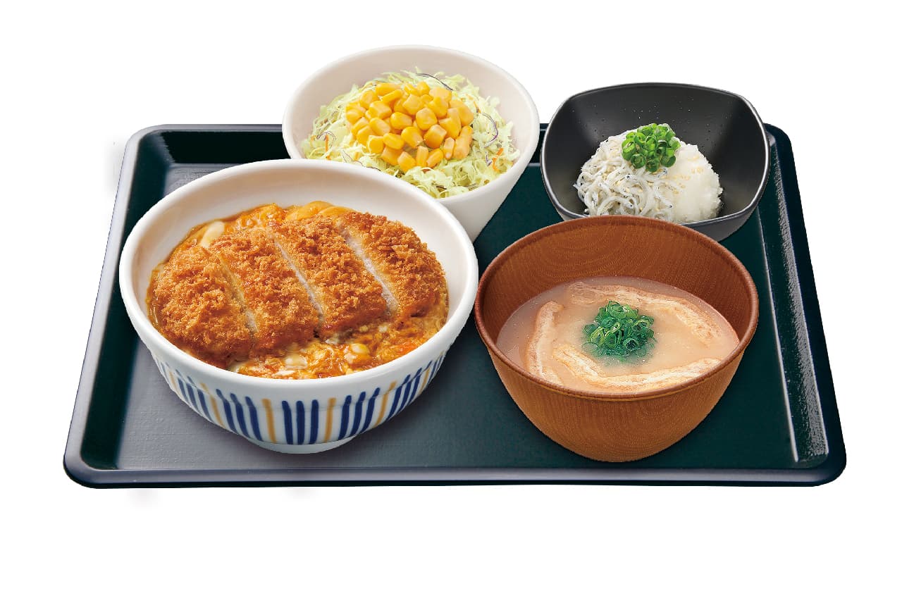 Katsudon + grated shirasu + salad + miso soup