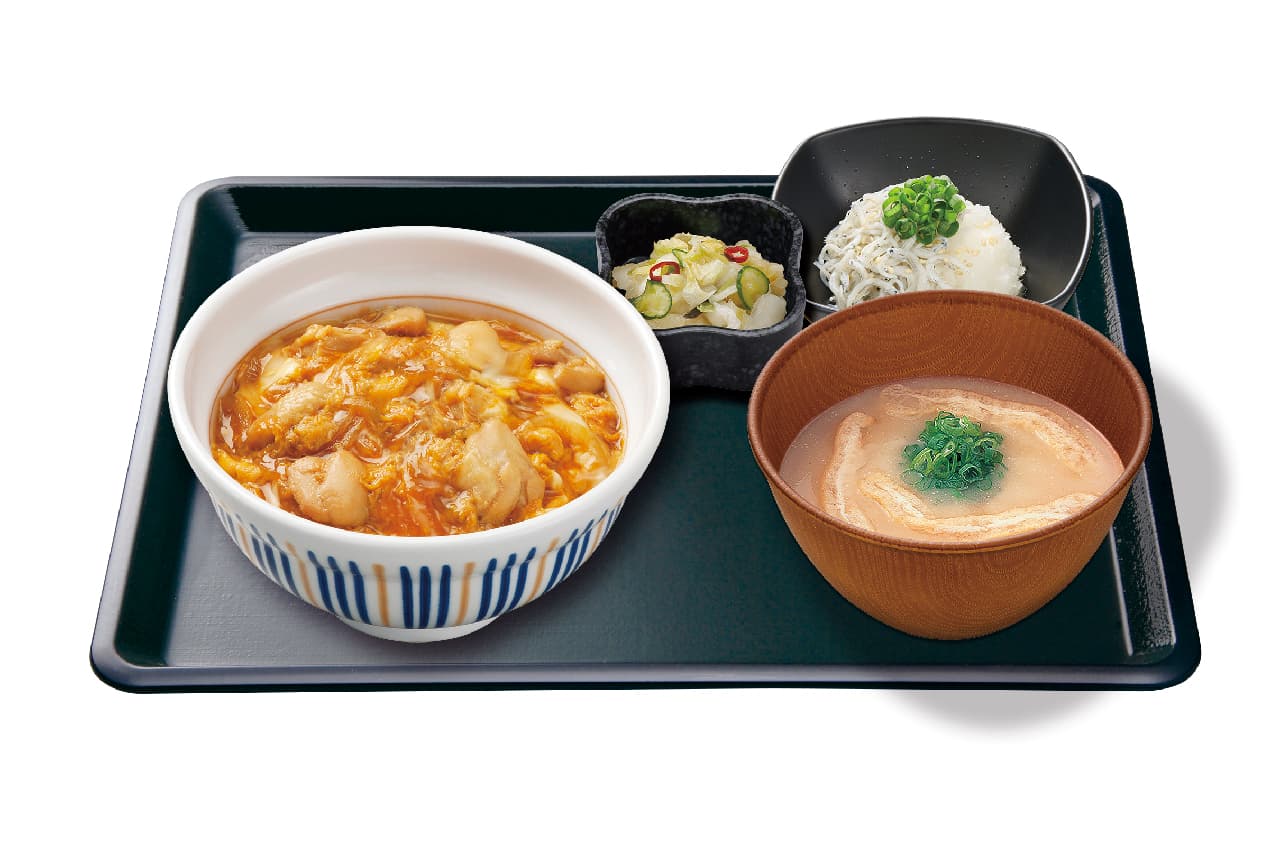 Oyakodon + grated shirasu + pickles + miso soup