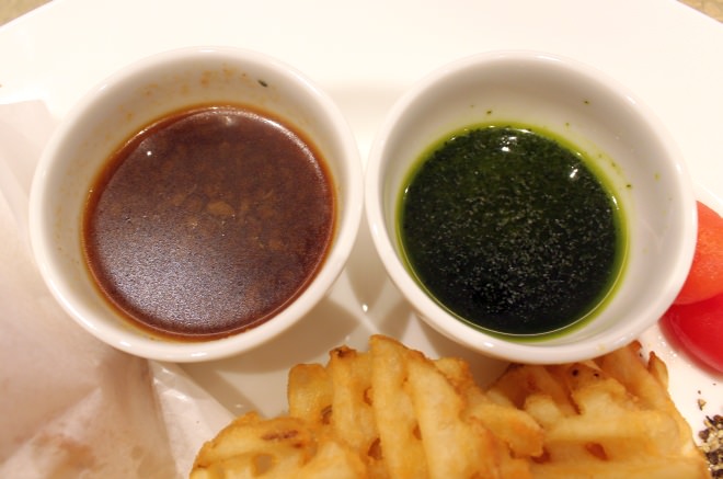 Shalipian sauce on the left, chimichurri sauce on the right