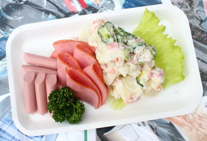 Assorted fish sausage, ham and potato salad